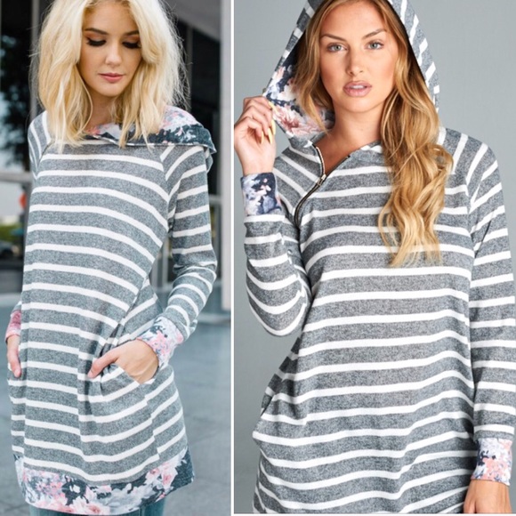 Last 1 SMALL Striped Hoodie w/ floral contrast - Picture 2 of 8